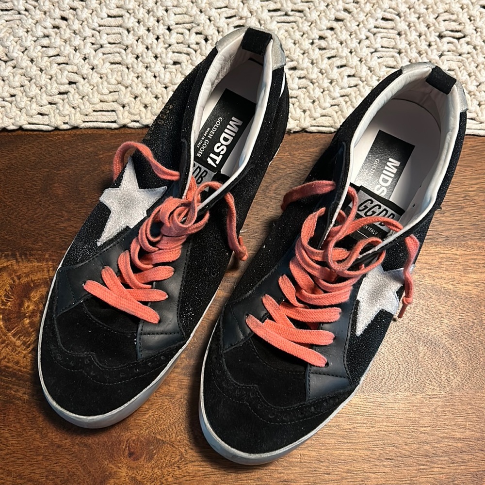 GOLDEN GOOSE Midstar Black Leather Suede Glitter White Star Sneakers Size 9.5
